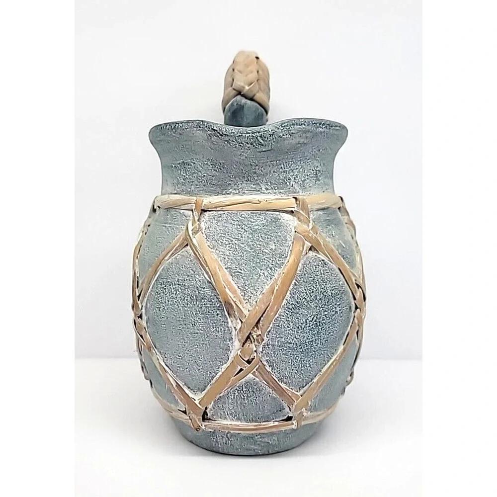 Vintage Coastal Rattan Wrapped Blue Terra‎ Cotta Pitcher 8.25